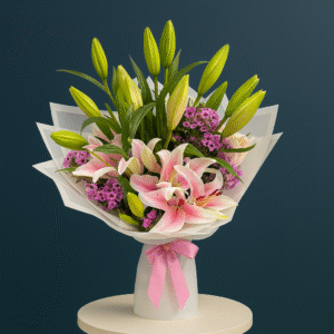 IMG_8551 Pink Lily Bouquet – 10 Lilies with Wax Flowers