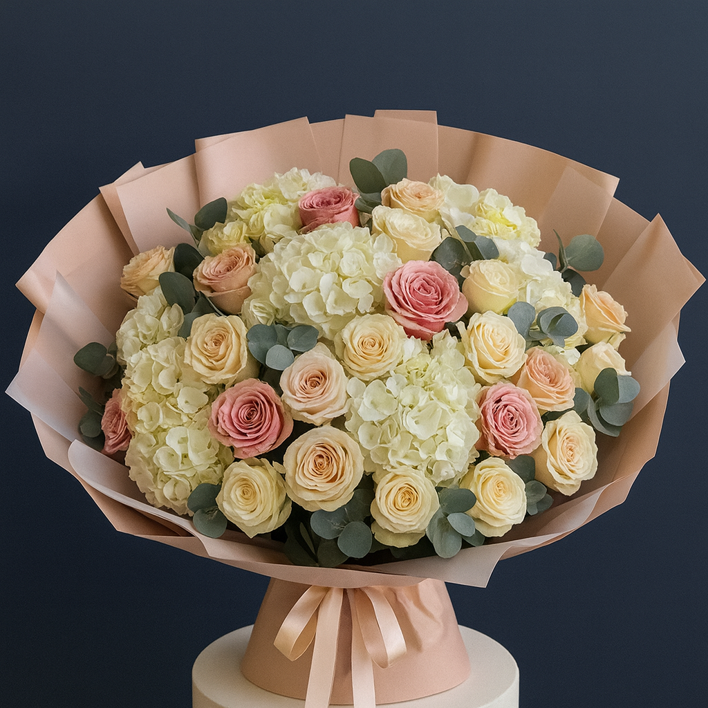 Elegant Pastel Rose & Hydrangea Harmony – Mixed Bouquet