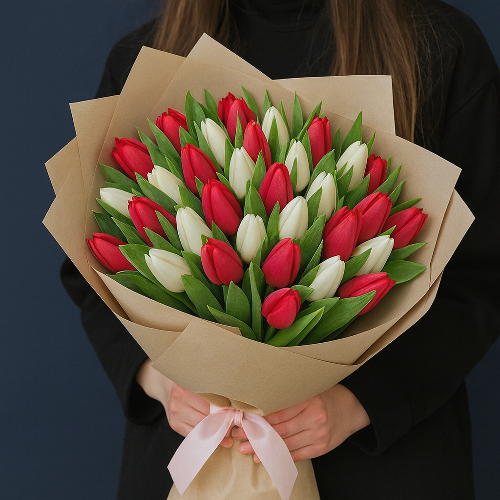 Red & White Harmony Tulip Bouquet – 45 Stems